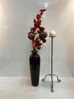 Tall Art Glass Vase & Blue Metal Candleholder