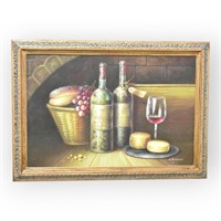 Oil on Canvas Traditional "Wine & Cheese" Painting