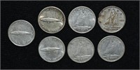 7pcs 1950/63/64/65/67 CAD .10c Silver Coins