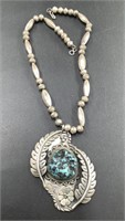 NAVAJO SILVER AND TURQUOISE BEADED NECKLACE