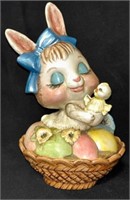 VTG Ceramic Girl Bunny w/chick in Basket Container