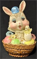 VTG Ceramic Boy Bunny w/chick in Basket Container