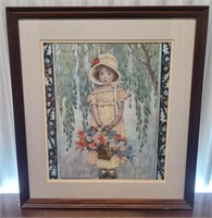 Girl & Flower Basket, Framed Tapestry signed