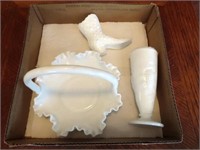 (3) PCS OF MILK GLASS-BASKET-SHOE & VASE