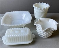 Milk Glass Butter Dish, Bowls And Vase (4pcs)
