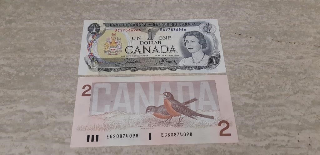 1986 One & Two Dollar bill mint condition