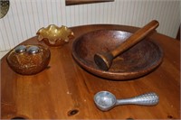 Wooden Fruit Bowl (cracked) , Wooden Masher, Ice