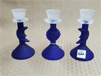 Frosted &Cobalt Blue Glass Moon &Sun Candlesticks