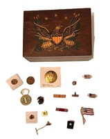 patriotic & military pins in a wooden box w eagle