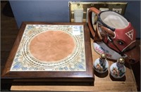 Tile/wood hot plate, Saratoga horse mug, S&P