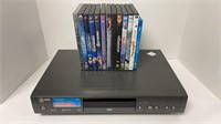 GE DVD player w/ assortment of (13) DVDs