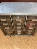 Metal organizer, drawers are filled with vintage,