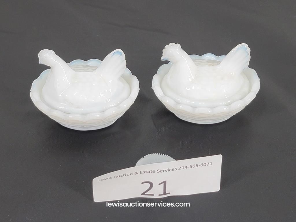 Pair 2.5" Milk Glass Hens in Nest Trinket Dishes