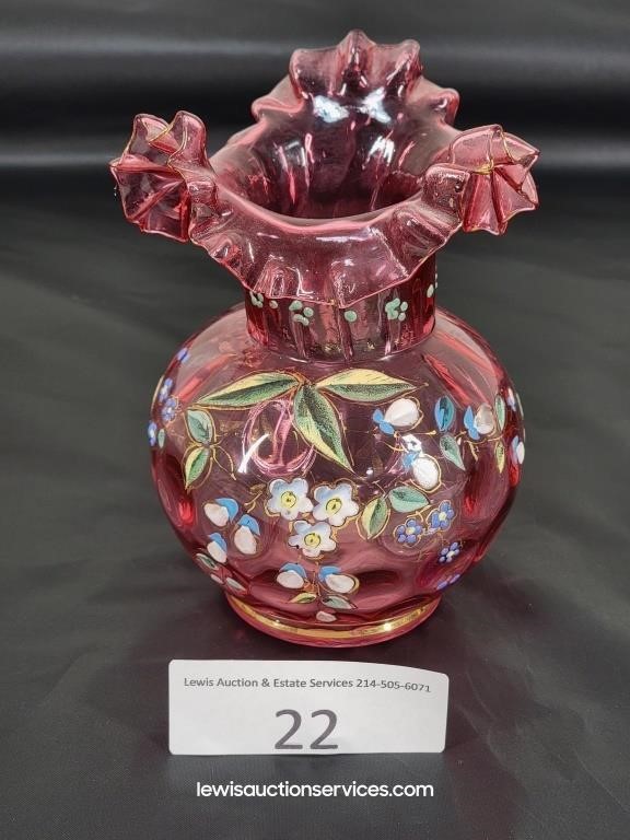 Fenton Hand Painted Ruby Glass 6" Vase