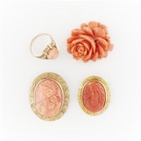 Group of 4 Pieces of Gold & Carved Coral Jewelry
