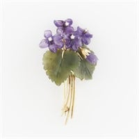14k Yellow Gold Carved Violets Brooch