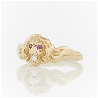 14k Yellow Gold Lion Ring w/ Diamonds & Rubies