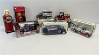(5) die cast metal coin banks, oil trucks and