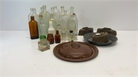 (3) sad irons, enamel pie pan, vintage bottles