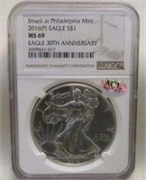 2016-P SILVER EAGLE 30TH ANNIV. NGC MS69