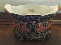 Antique Large Bowl With Metal Stand, Marked