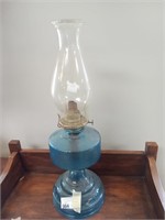 >Blue glass oil lamp