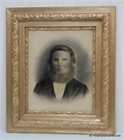 Antique ca.1870 Chalk Portrait & Period Frame