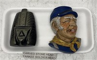 Carved stone head and Yankee soldier head 5in