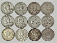 12 U.S. Franklin Silver Half Dollars Circulated