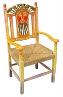 MEXICAN CARVED & PAINTED SUN RUSH SEAT ARMCHAIR