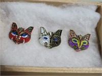 3 JEWELED CAT BROOCHES