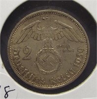 1939 Nazi Germany 2 Marks silver coin.