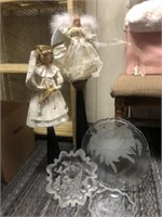 Frosted glass plates, candle holders and angels