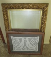 Framed crocheted doily 18 1/4"T x 23 3/4"W and