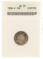 1906-S US BARBER 10C SILVER COIN ANACS AU55