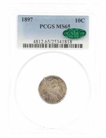 1897 US BARBER 10C SILVER COIN PCGS MS65