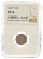 1900-S US BARBER 10C SILVER COIN NGC AU58