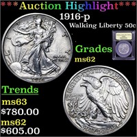 *Highlight* 1916-p Walking Liberty 50c Graded Sele