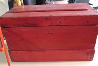 RED WOODEN TRUNK. 24-1/2"W X 13"D X 14" H. IRON