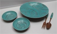 ROSELINE POTTERY MCM SALAD SET TURQ. & BLACK.