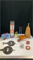 Vintage tinker toy canister, tins, diamond stove