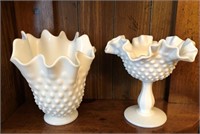 hobnail milk glass vase &  footed ruffled edge pc.