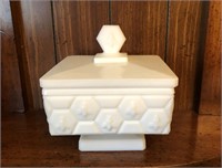 Milk glass bumblebee patten footed compote w/lid