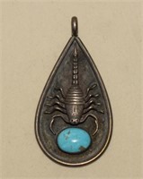 Sterling Scorpion Pendant w/ Turquoise  Marked JC