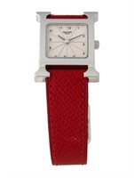 Hermes Heure H Guilloche Red Leather Watch 21mm
