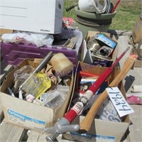 4 BOXES- GOPHER TRAP, HINGES, TOTES MISC ITEMS