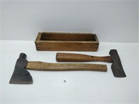 2 vintage axe's and a wooden drawer