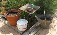 Yard Art- Birdbath, Enamel Pot, Sun Stake +