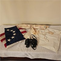 Flag, Free Mason items and binoculars