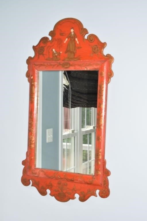 Asian motif decorated red lacquer wall mirror, 19x